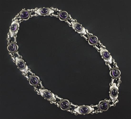 A Georg Jensen sterling silver and cabochon amethyst necklace, no. 57, 38.5cm.